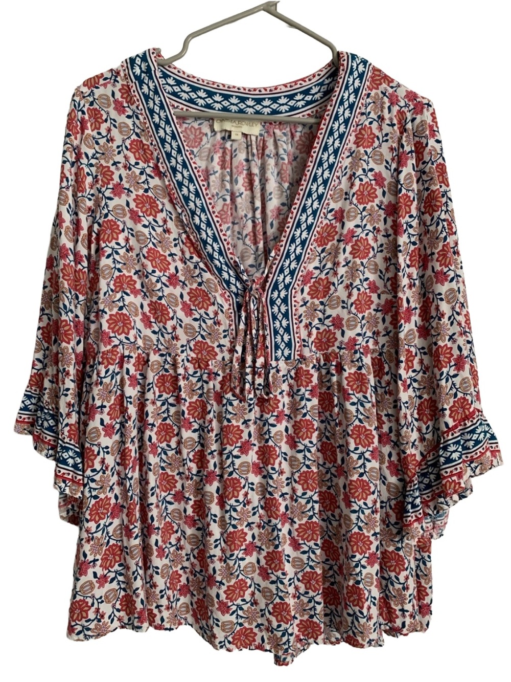 CYNTHIA ROWLEY Womens Red White Blue Floral Print 3/4 Ruffle Sleeve Rayon Blouse